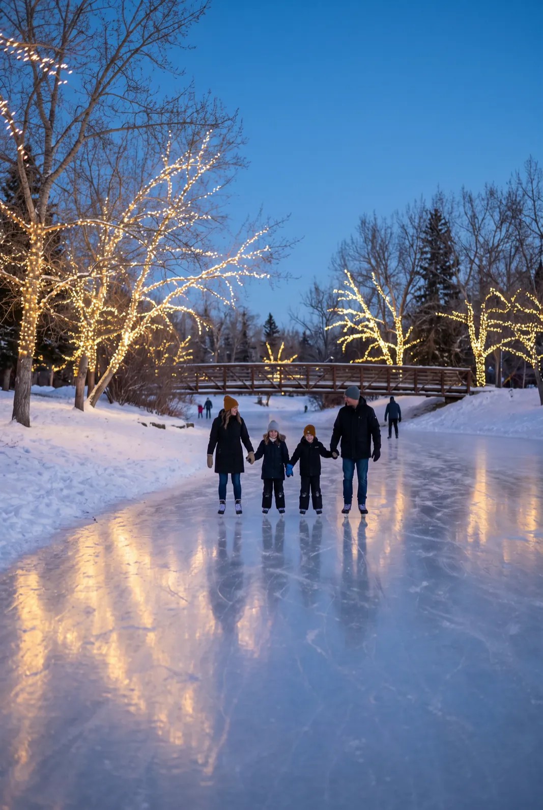 A family skates hand in hand on a frozen lagoon under trees wrapped in white lights at dusk
