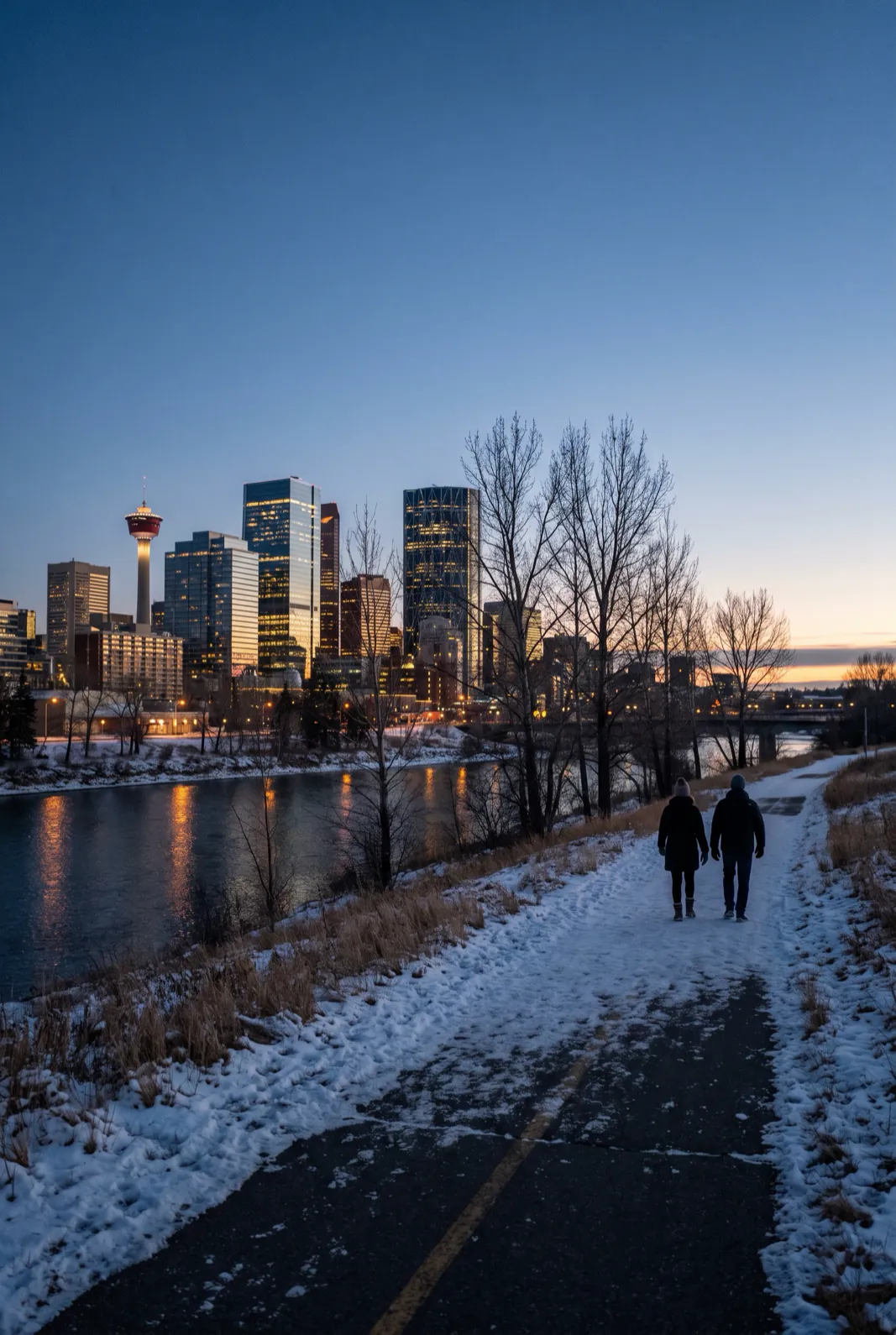 A river pathway with the first snow of the season and a downtown skyline at dusk